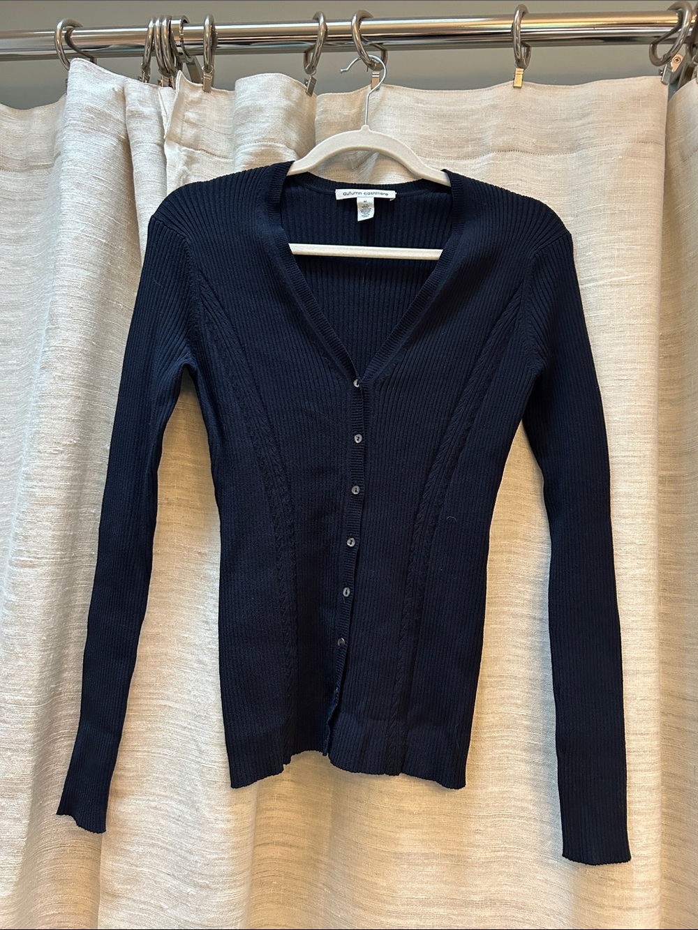 Autumn Cashmere Navy Ribbed V‑Neck Button Cardigan